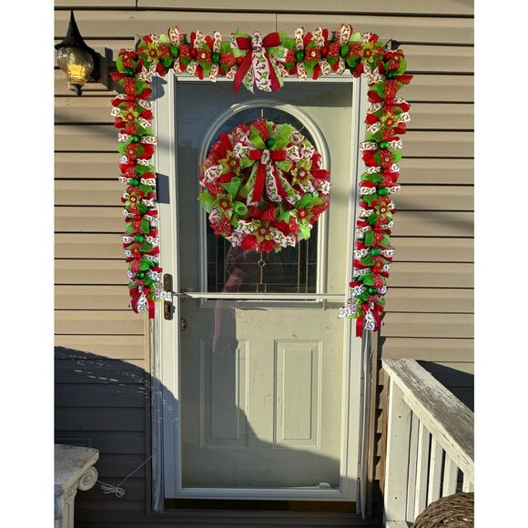 Grinch Christmas Garland Handmade, Red Green Holiday Mesh Ribbon Garland + Bows - Picture 8 of 10